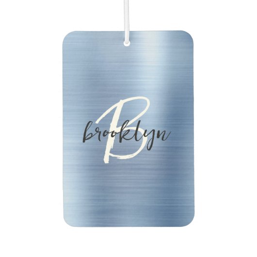 Blue Brushed Metal Black White Script Monogram  Luchtverfrisser (Voorkant)