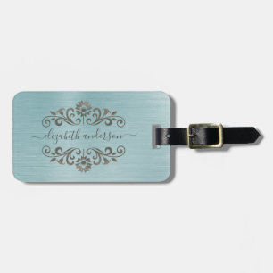 Blue Brushed Metal Monogram Name Script Bagagelabel