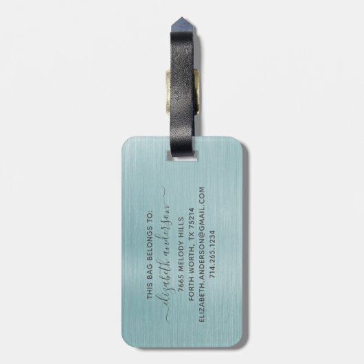 Blue Brushed Metal Monogram Name Script Bagagelabel (Achterkant verticaal)