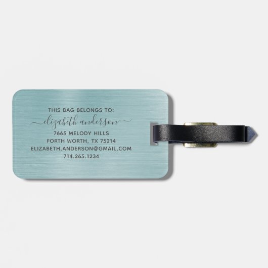 Blue Brushed Metal Monogram Name Script Bagagelabel (Achterkant horizontaal)