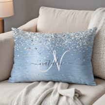 Blue Brushed Metal Silver Glitter Monogram Name