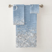 Blue Brushed Metal Silver Glitter Monogram Name Bad Handdoek (Insitu)