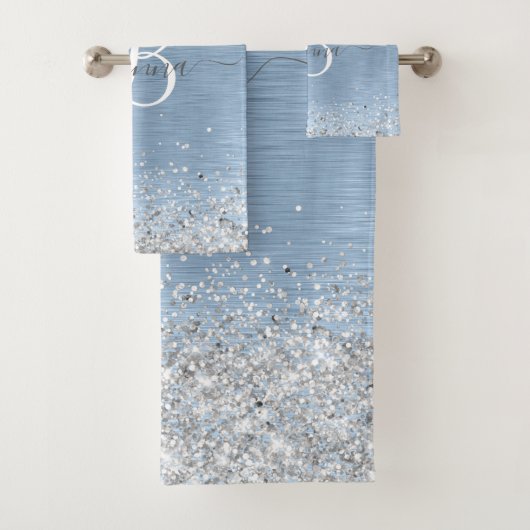 Blue Brushed Metal Silver Glitter Monogram Name Bad Handdoek (Insitu)