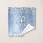 Blue Brushed Metal Silver Glitter Monogram Name Bad Handdoek (Wasdoekje)