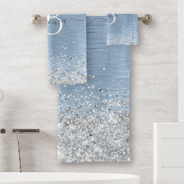 Blue Brushed Metal Silver Glitter Monogram Name Bad Handdoek