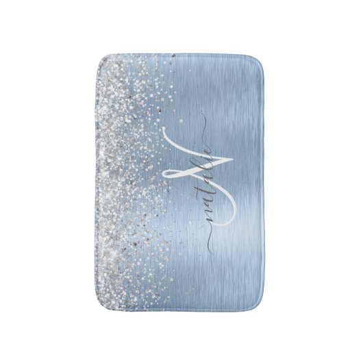 Blue Brushed Metal Silver Glitter Monogram Name Badmat (Voorkant Verticaal)