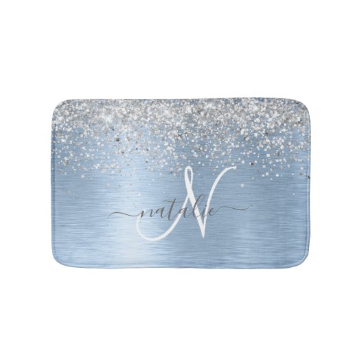 Blue Brushed Metal Silver Glitter Monogram Name Badmat (Voorkant)
