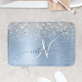 Blue Brushed Metal Silver Glitter Monogram Name Badmat