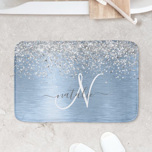 Blue Brushed Metal Silver Glitter Monogram Name Badmat