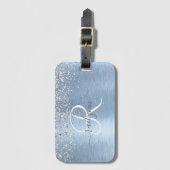 Blue Brushed Metal Silver Glitter Monogram Name Bagagelabel (Voorkant (verticaal))
