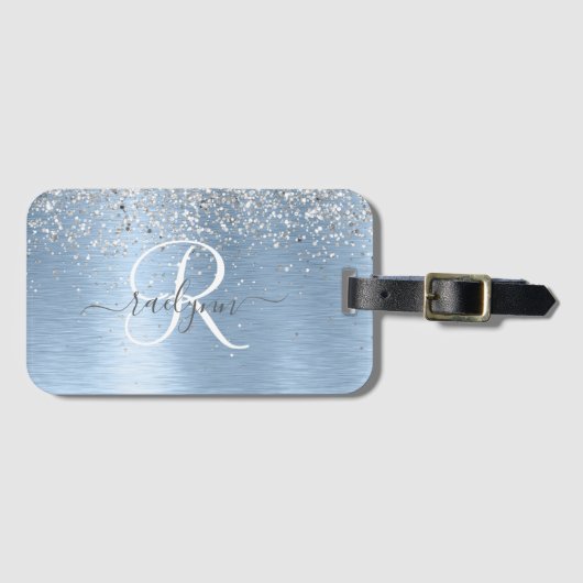 Blue Brushed Metal Silver Glitter Monogram Name Bagagelabel (Voorkant (horizontaal))