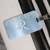 Blue Brushed Metal Silver Glitter Monogram Name Bagagelabel