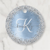 Blue Brushed Metal Silver Glitter Monogram Name Bedankjes Labels (Achterkant)