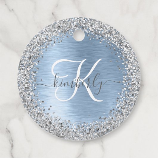 Blue Brushed Metal Silver Glitter Monogram Name Bedankjes Labels (Achterkant)