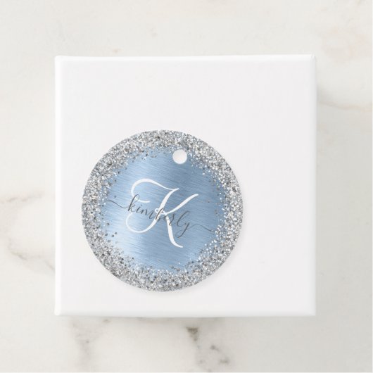 Blue Brushed Metal Silver Glitter Monogram Name Bedankjes Labels (In situ)
