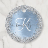 Blue Brushed Metal Silver Glitter Monogram Name Bedankjes Labels (Voorkant)