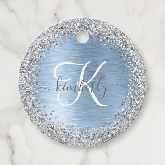 Blue Brushed Metal Silver Glitter Monogram Name Bedankjes Labels (Voorkant)