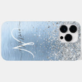 Blue Brushed Metal Silver Glitter Monogram Name Case-Mate iPhone Case (Achterkant (horizontaal))