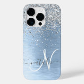 Blue Brushed Metal Silver Glitter Monogram Name Case-Mate iPhone Case (Achterkant)