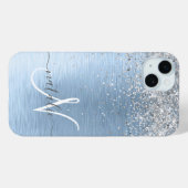 Blue Brushed Metal Silver Glitter Monogram Name Case-Mate iPhone Case (Achterkant (horizontaal))