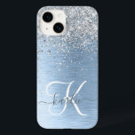 Blue Brushed Metal Silver Glitter Monogram Name Case-Mate iPhone 14 Hoesje<br><div class="desc">Pas dit trendy chassis voor telefoongesprekken eenvoudig aan met  zilveren mousserende glitter op een blauwe,  geborstelde metalen achtergrond.</div>