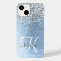 Blue Brushed Metal Silver Glitter Monogram Name