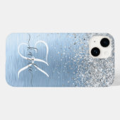 Blue Brushed Metal Silver Glitter Monogram Name Case-Mate iPhone Case (Achterkant (horizontaal))