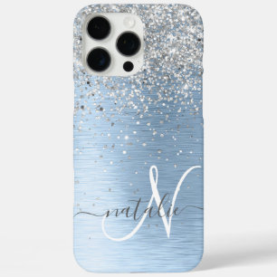 Blue Brushed Metal Silver Glitter Monogram Name iPhone 16 Pro Max Hoesje