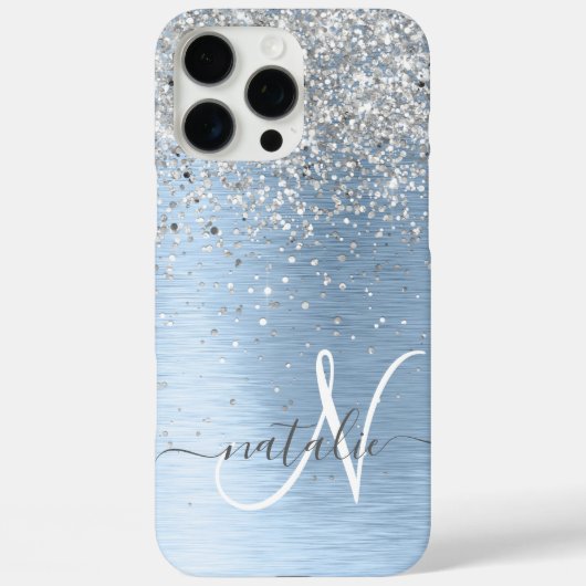 Blue Brushed Metal Silver Glitter Monogram Name Case-Mate iPhone Case (Achterkant)