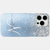 Blue Brushed Metal Silver Glitter Monogram Name Case-Mate iPhone Case (Achterkant (horizontaal))