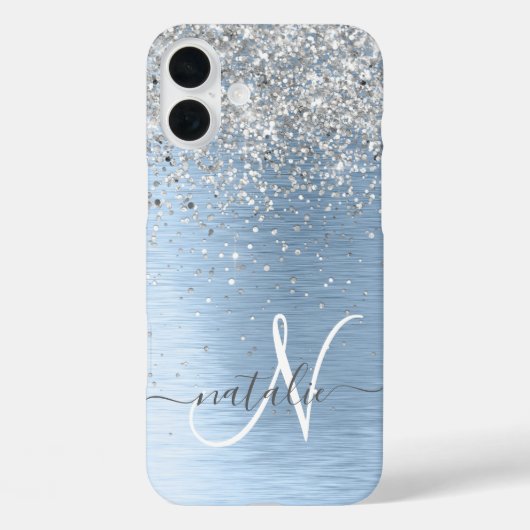 Blue Brushed Metal Silver Glitter Monogram Name Case-Mate iPhone Case (Achterkant)