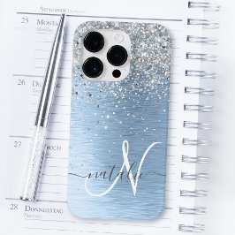 Blue Brushed Metal Silver Glitter Monogram Name Case-Mate iPhone 14 Pro Hoesje