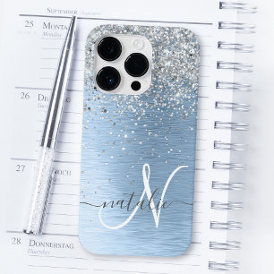 Blue Brushed Metal Silver Glitter Monogram Name Case-Mate iPhone 14 Pro Hoesje