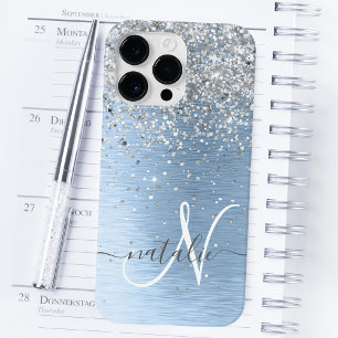 Blue Brushed Metal Silver Glitter Monogram Name Case-Mate iPhone 14 Pro Max Hoesje