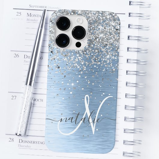 Blue Brushed Metal Silver Glitter Monogram Name Case-Mate iPhone Case