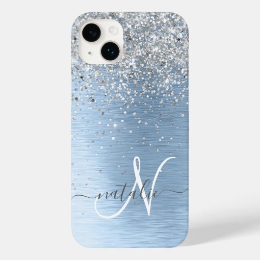 Blue Brushed Metal Silver Glitter Monogram Name Case-Mate iPhone Case (Achterkant)