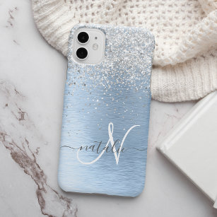 Blue Brushed Metal Silver Glitter Monogram Name Case-Mate iPhone 14 Plus Hoesje