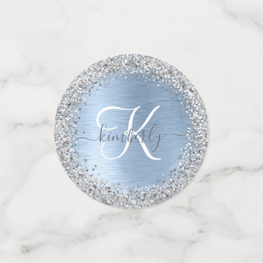 Blue Brushed Metal Silver Glitter Monogram Name Confetti (Kleine voorkant)