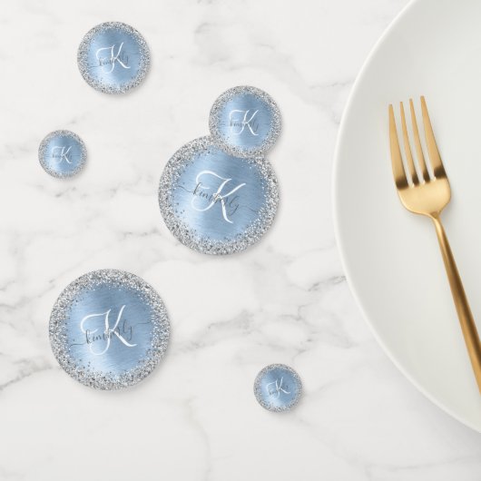 Blue Brushed Metal Silver Glitter Monogram Name Confetti (Groep)