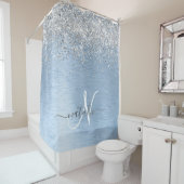 Blue Brushed Metal Silver Glitter Monogram Name Douchegordijn (In situ)