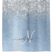 Blue Brushed Metal Silver Glitter Monogram Name Douchegordijn (Voorkant)
