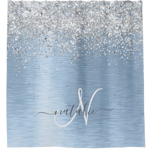 Blue Brushed Metal Silver Glitter Monogram Name Douchegordijn (Voorkant)