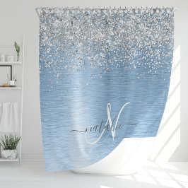 Blue Brushed Metal Silver Glitter Monogram Name Douchegordijn