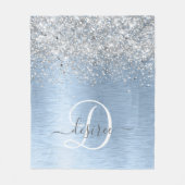 Blue Brushed Metal Silver Glitter Monogram Name Fleece Deken (Voorkant)