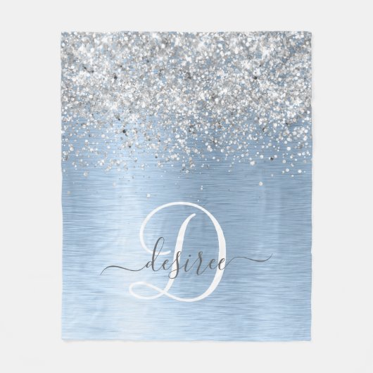 Blue Brushed Metal Silver Glitter Monogram Name Fleece Deken (Voorkant)