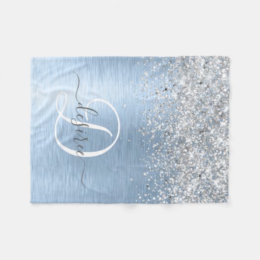 Blue Brushed Metal Silver Glitter Monogram Name Fleece Deken (Voorkant (Horizontaal))