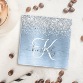 Blue Brushed Metal Silver Glitter Monogram Name Glazen Onderzetter