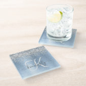 Blue Brushed Metal Silver Glitter Monogram Name Glazen Onderzetter (Schuin)