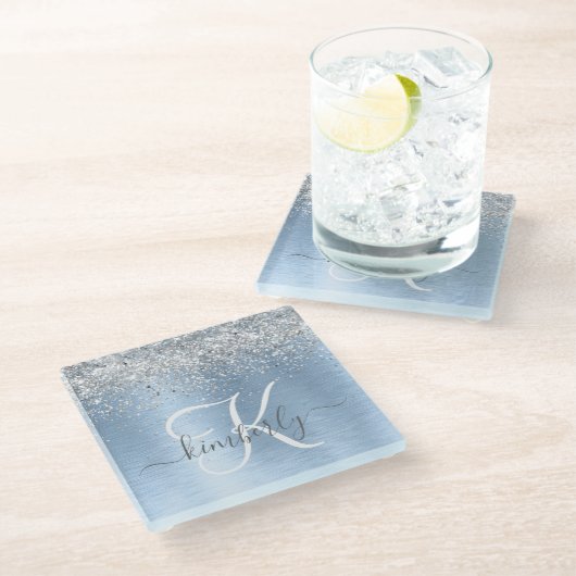 Blue Brushed Metal Silver Glitter Monogram Name Glazen Onderzetter (Schuin)