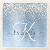 Blue Brushed Metal Silver Glitter Monogram Name Glazen Onderzetter (Voorkant)